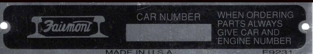 Fairmont Car Number Data Plate