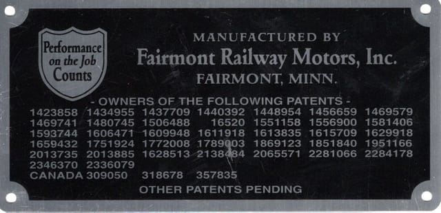 Fairmont Patent Data Plate